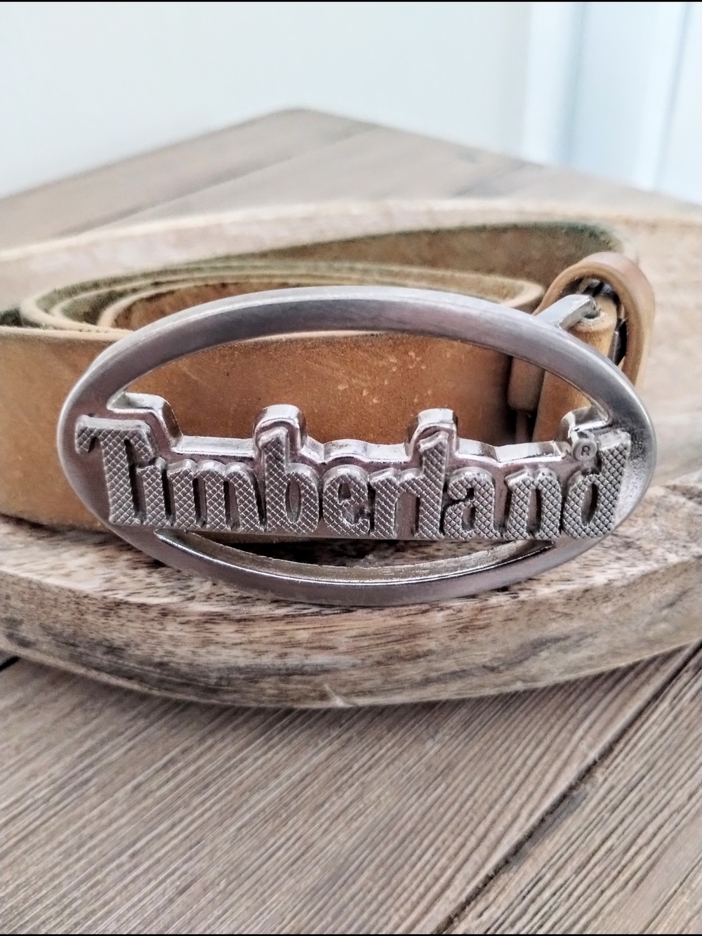 Vintage Rare Timberland Men's Die Cut Logo Belt In Wheat Nubuck Leather